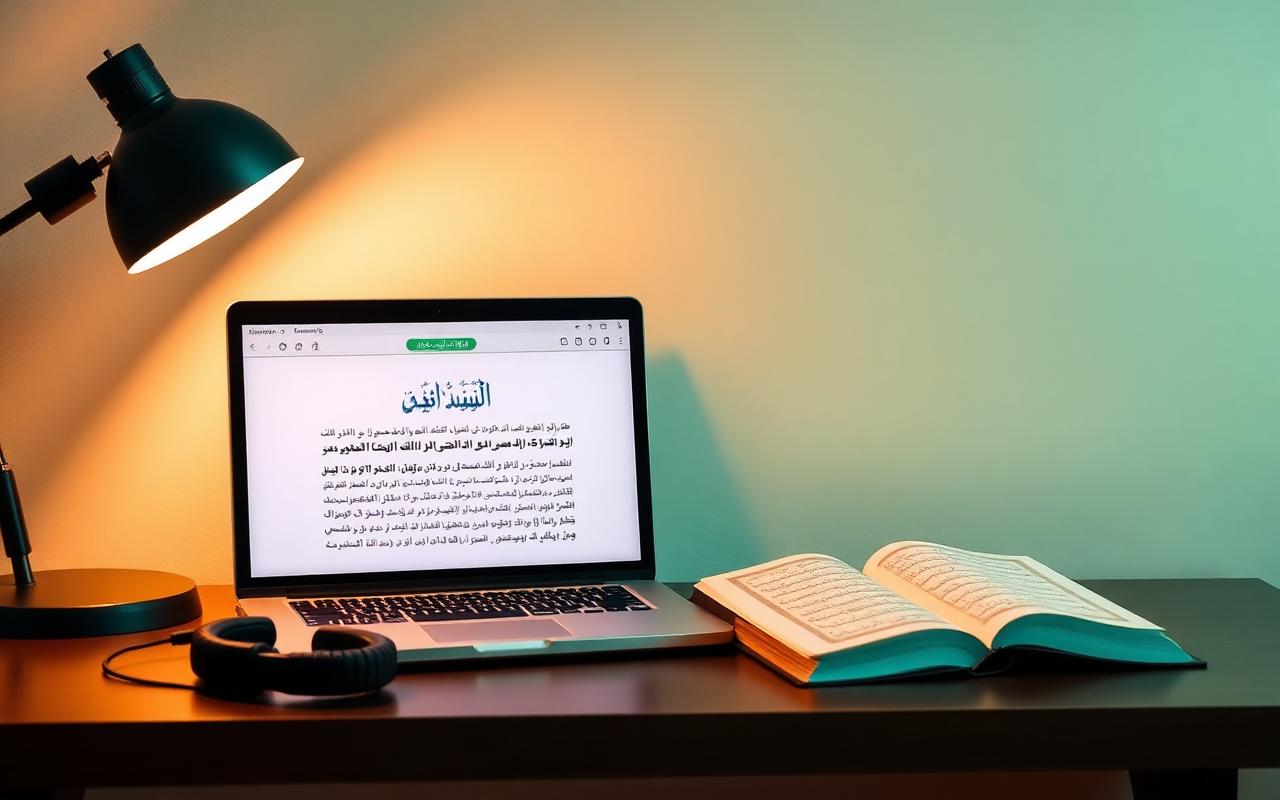 A laptop showing an Arabic learning interface beside an open Qur'an