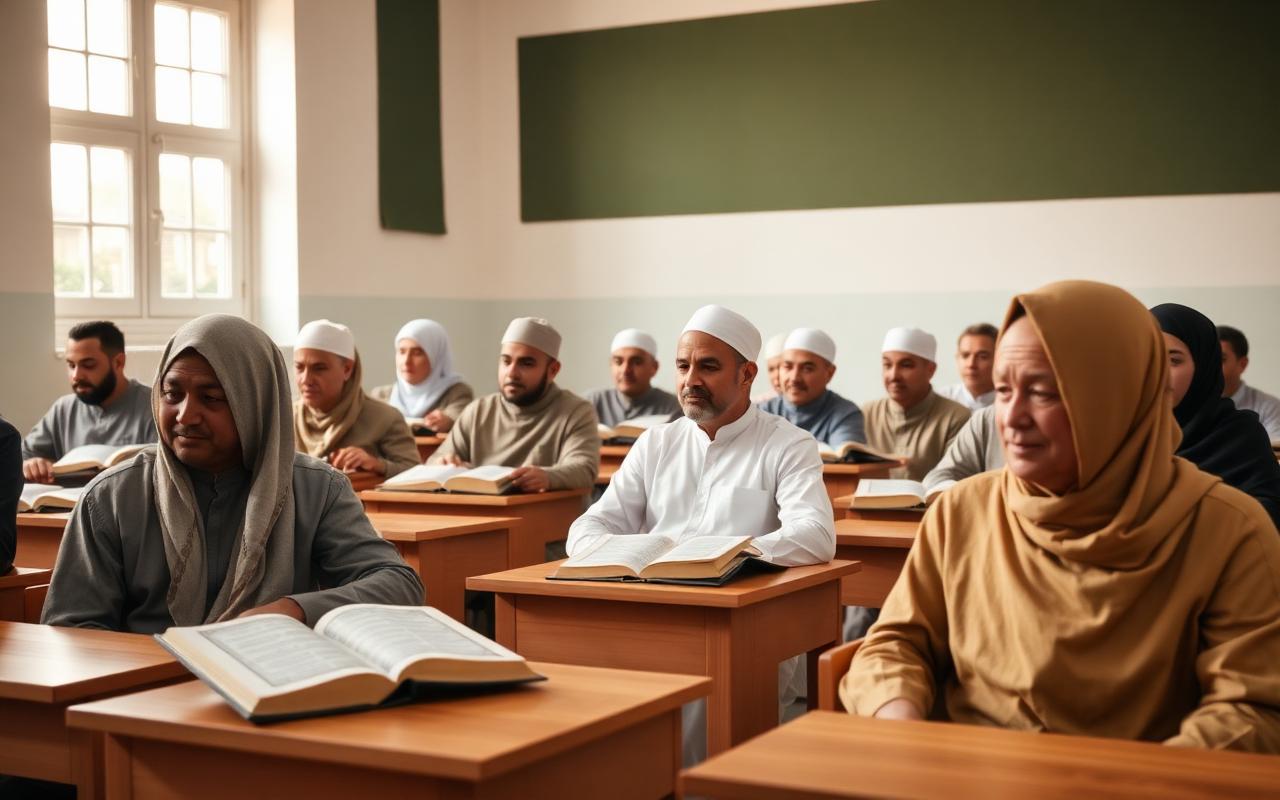 Adult students seated at desks with open Qur'ans in a bright classroom